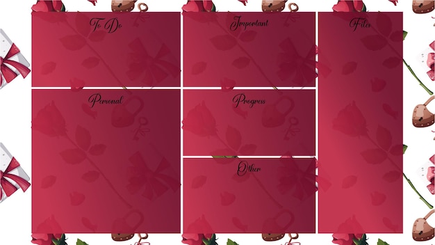 Вектор Органайзер для рабочего стола красные обои с узором из подарочных коробок, роз, лепестков