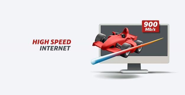 Vector desktop pc met rode racing sportwagen high speed internet metaforische internetprovider reclame