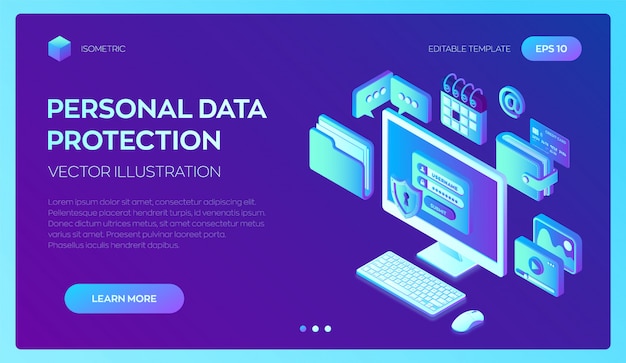 Pc desktop con modulo di autorizzazione sullo schermo, protezione dei dati personali. protezione dati. 3d isometrico.