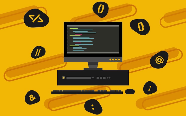 Vector desktopcomputer en html- en css-elementen voor webdesign