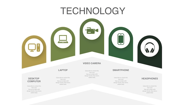 Vector desktopcomputer laptop videocamera smartphone hoofdtelefoon iconen infographic lay-out ontwerpsjabloon creatief presentatieconcept met 5 stappen