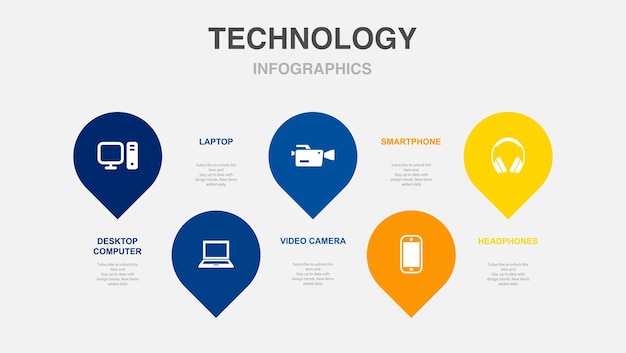 Desktopcomputer laptop videocamera smartphone hoofdtelefoon iconen infographic lay-out ontwerpsjabloon creatief presentatieconcept met 5 stappen