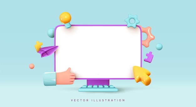 Desktopcomputer, monitor met leeg scherm. Creatief conceptidee. Realistische 3D-ontwerppictogrammen, versnelling en cursoraanwijzerpijl. Configureren, webreparatie, onderhoud en website instellen. Vector illustratie