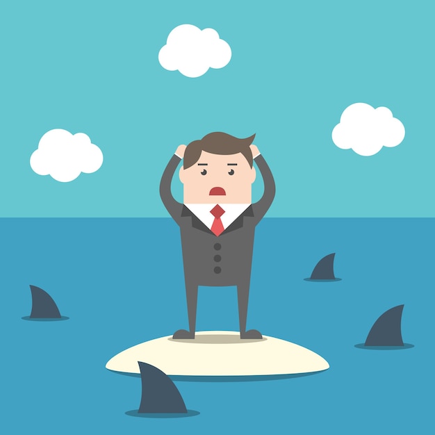 Vector desperate businessman standing on island in ocean among sharks. risk, crisis and failure concept. flat design. eps 8 vector illustration, no transparency