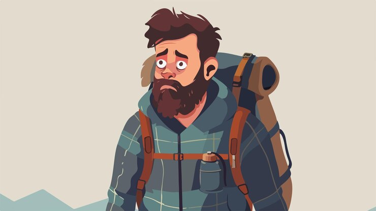 Vector desperate sad bearded man tourist backpack