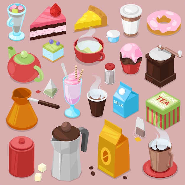 Dessert cake  drink coffee or tea with baked cupcake and sweet doughnut in cafe illustration set of coffeecups and caked biscuits from menu in coffeeshop isolated on background