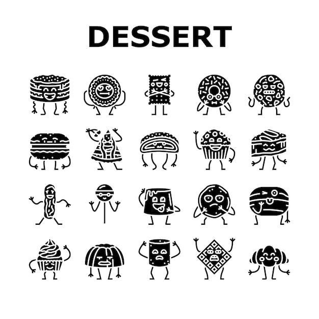 Dessert character food cake icons set vector