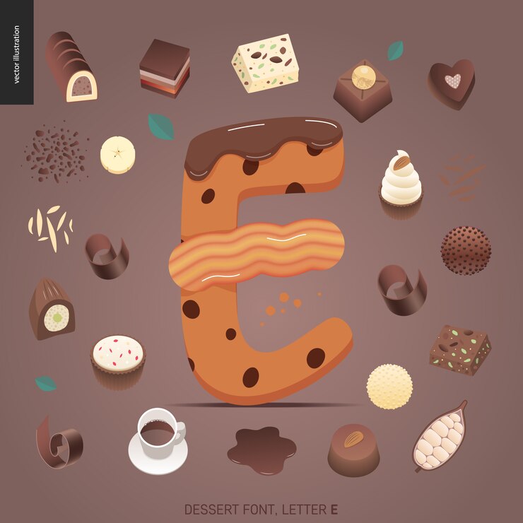 Vector dessert font - letter e - modern flat vector concept digital illustration of temptation font, sweet lettering. caramel, toffee, biscuit, waffle, cookie, cream and chocolate letters