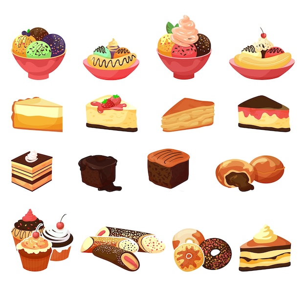 ベクトル デザート食品、甘いケーキセット、ベクトルイラスト、パン屋からのチョコレートペストリー、おいしいクリームと白いおいしいカップケーキに分離されました。