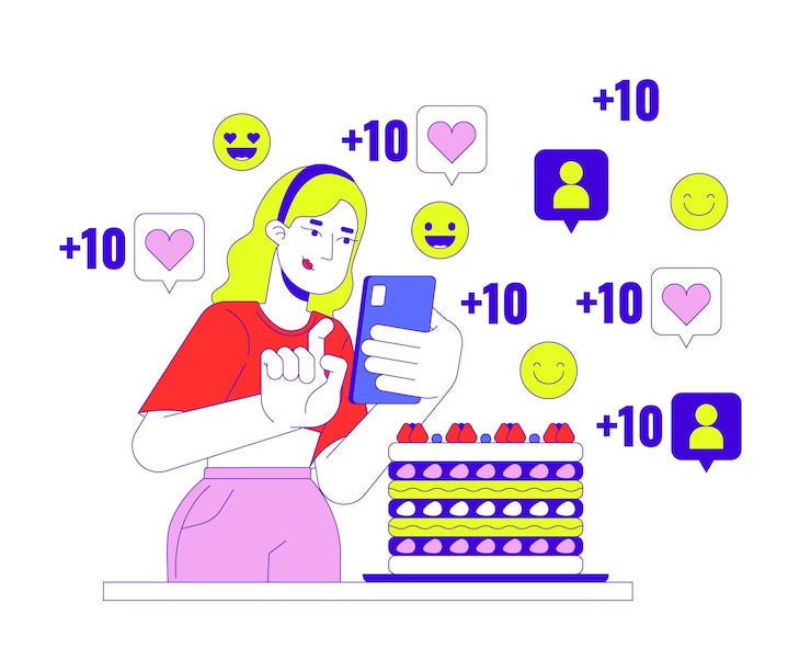 Vector dessert influencer woman 2d linear illustration concept