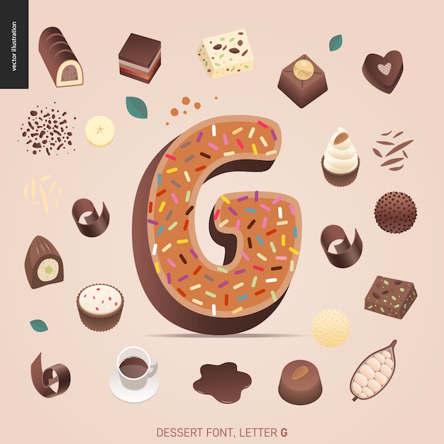 Vector dessert lettertype - letter g - moderne platte vector concept digitale afbeelding van verleiding lettertype, zoete belettering. caramel, toffee, biscuit, wafel, koekjes, room en chocolade letters