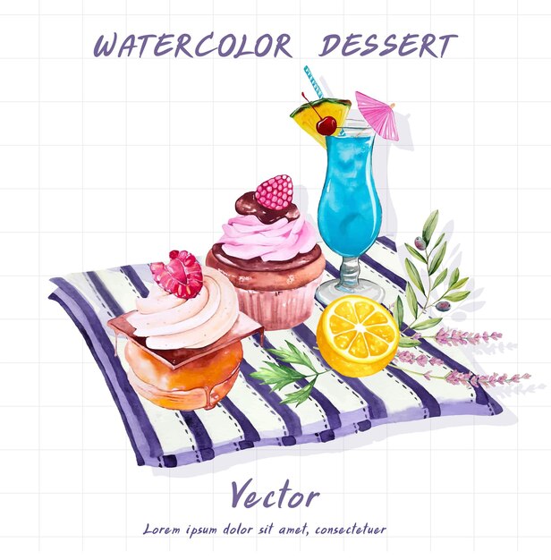 Dessert painted in watercolor on a white background.