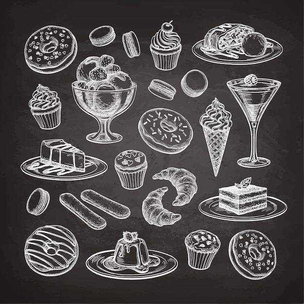 Vettore dolci e pasticcini. collezione di dolci su sfondo lavagna. illustrazione disegnata a mano.