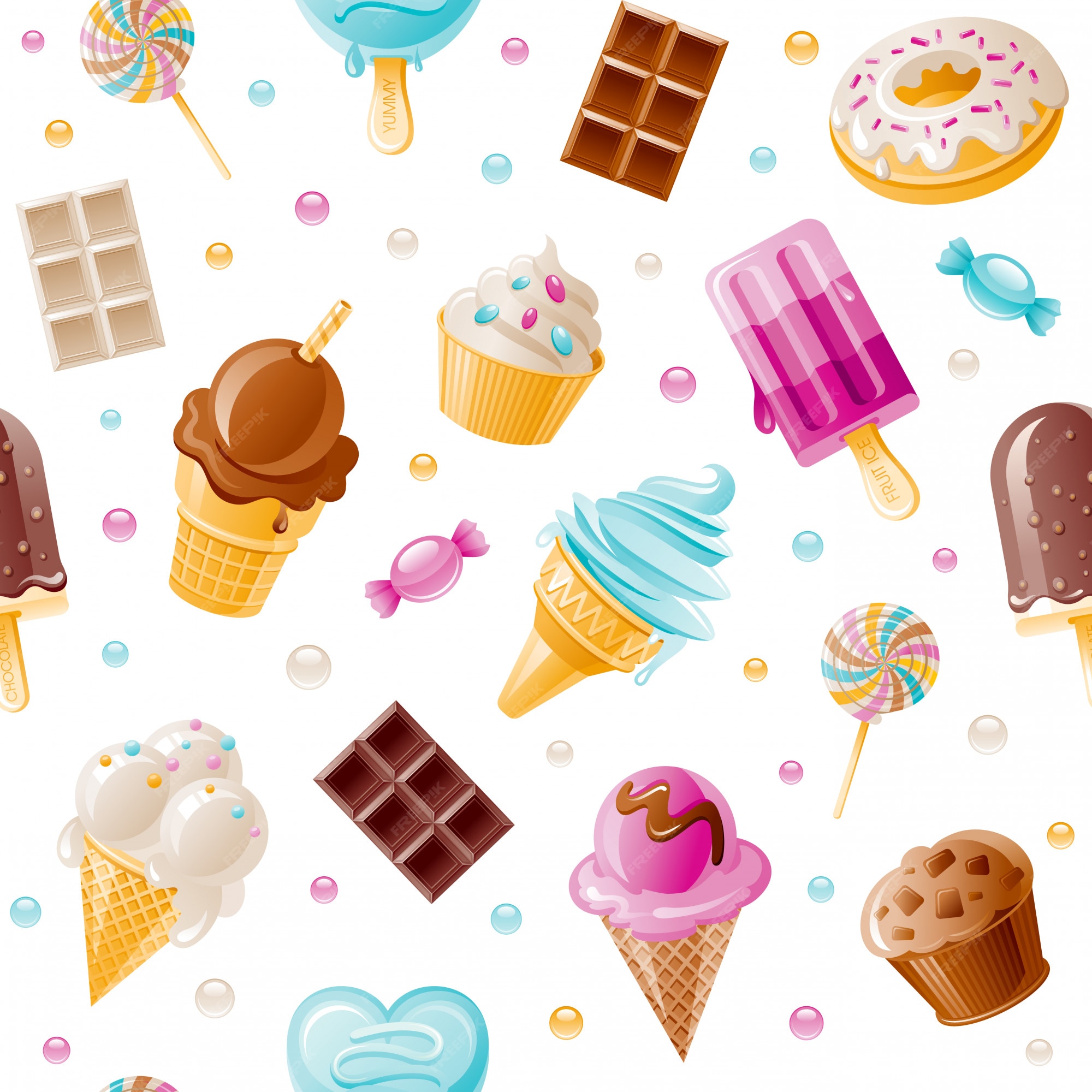 Premium Vector | Dessert pattern. sweet cartoon seamless background. cute  ice cream cone, candy, cupcake, donut, chocolate wallpaper.
