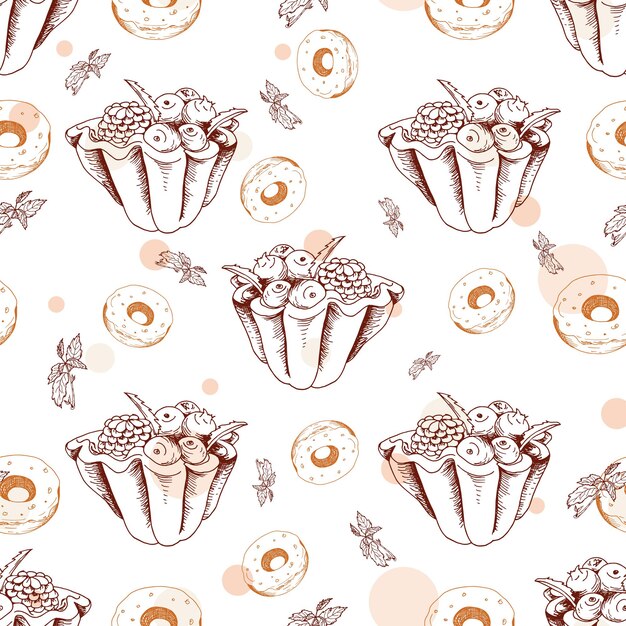 Бесшовный узор из десерта. сладкий фон в стиле рисованной. обои с пирогом, пончик. векторная иллюстрация для меню кафе, баннера, рецепта и т. д.