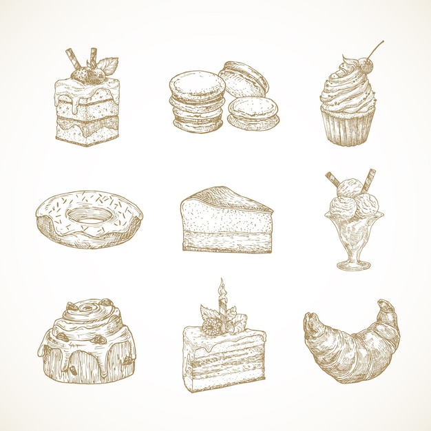 Vector dessert snoep hand getrokken doodle vector illustraties set. taarten, donut, ijs, macarons en croissant broodjes confectionary sketch style drawings collection. geïsoleerd.