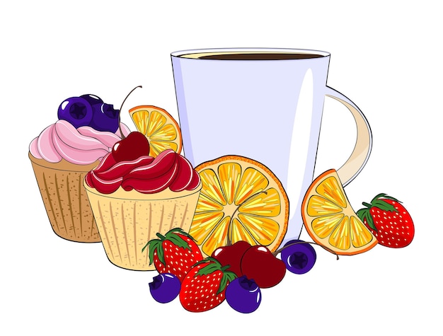 Vector dessert van muffins met bessen en een kopje koffie of thee