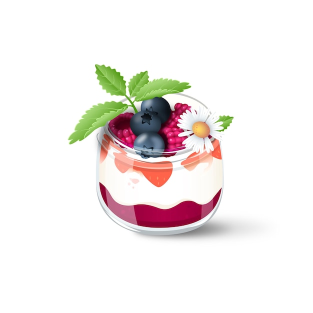 Vector dessert with jam and whipped cream and fruit in a jar