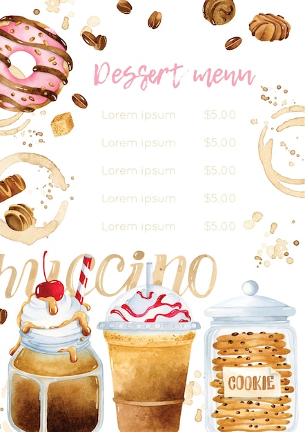 Dessertmenusjabloon met aquarel koffiedrankjes en koekjestrommel