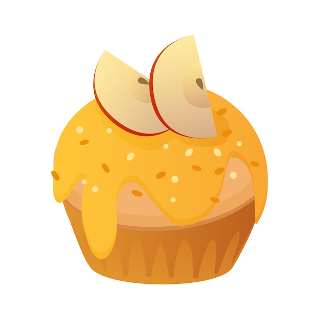 Dessertmuffin met appelschijfjes op het bovenste geïsoleerde object van cartoon vectorillustratie