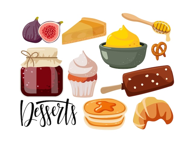 Desserts. desserts text isolated. different kinds of desserts. ice cream, pastries, fruits, sweets