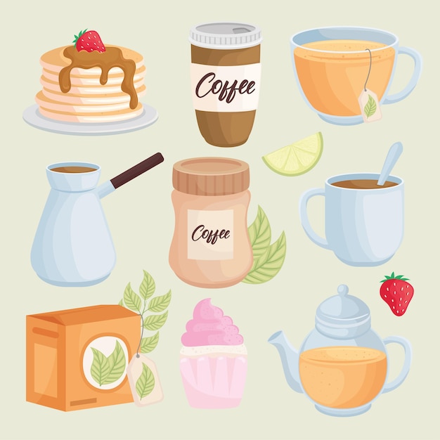 Desserts and drinks set icons