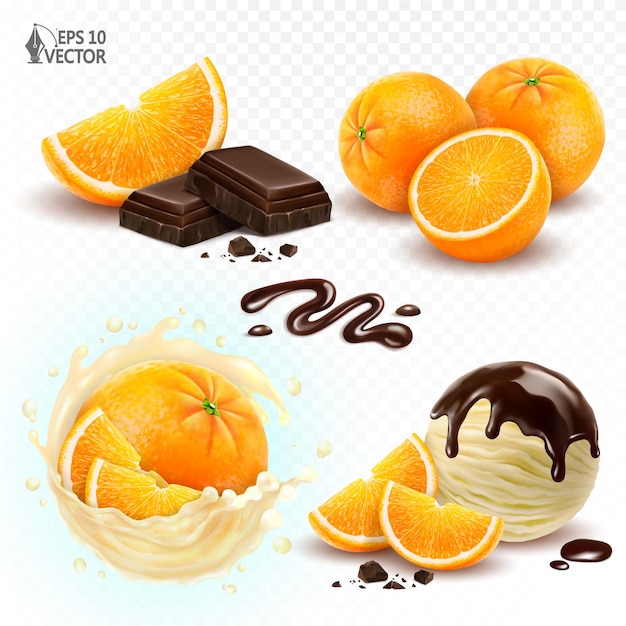 Desserts met realistisch oranje fruit gearomatiseerd citrusijs vloeibare chocoladetopping vectorset