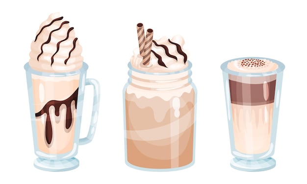 desserts served in glass with chocolate and whipped cream vector set