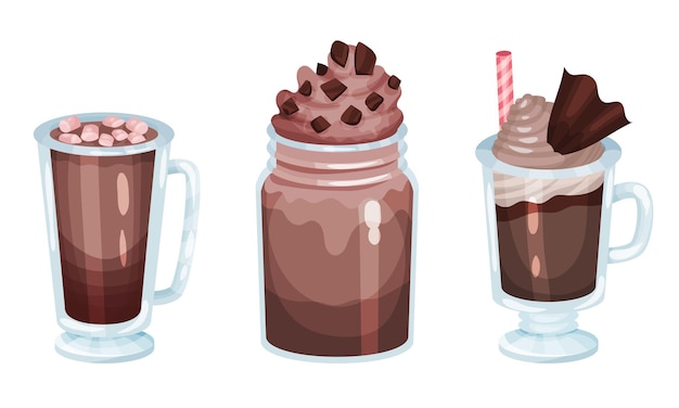 Vector desserts served in glass with chocolate and whipped cream vector set