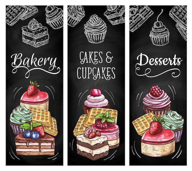 Vector desserts taarten en bakkerij vector schets banners