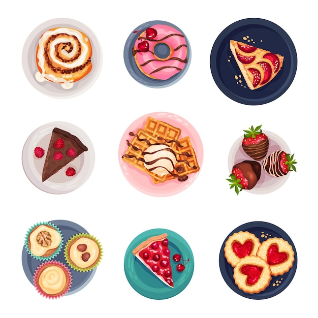 Vector desserts with gaufre or waffle and pie served on plate vector set