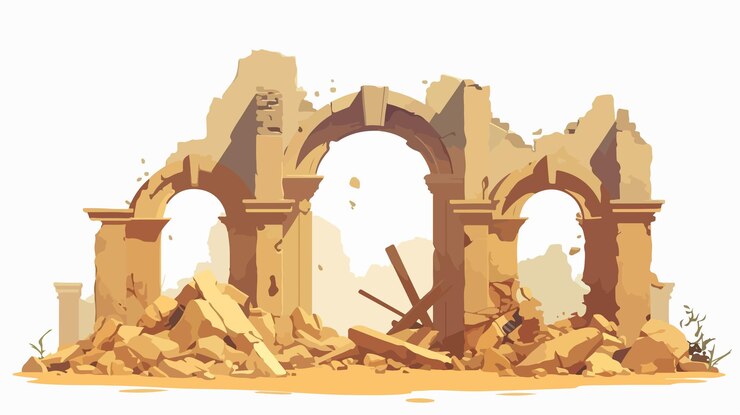 Vector destroyed building ruins on white background for architectural