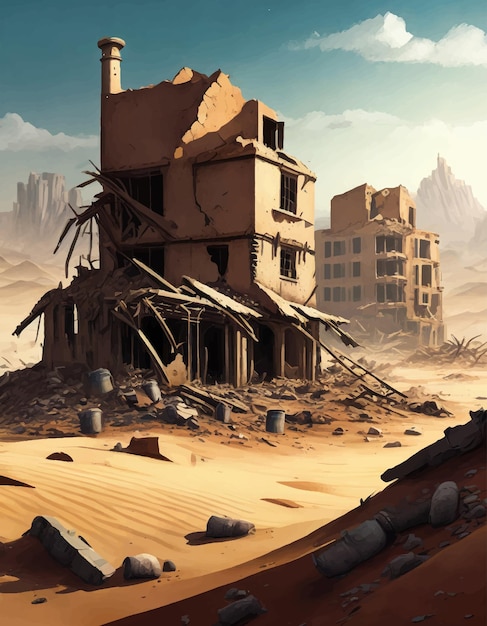 Vector destroyed buildings after natural disaster derelict broken houses in desert illustration