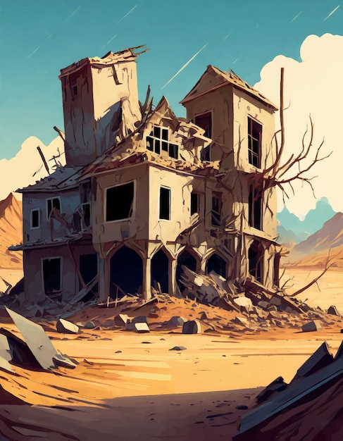 벡터 자연 재해 후 파괴 된 건물 들 이 버려진 집 들 이 사막 의 그림 에 그려져 있다