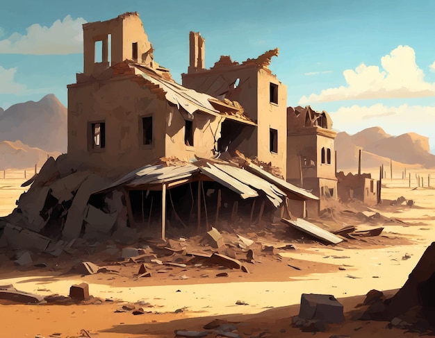 Вектор Здания, разрушенные после стихийного бедствия, заброшенные дома в пустыне