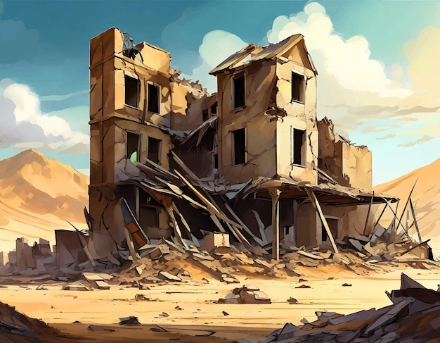벡터 자연 재해 후 파괴 된 건물 들 이 버려진 집 들 이 사막 의 그림 에 그려져 있다