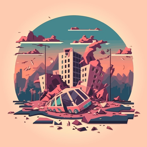 Vector destroyed city after earthquake or war in flat cartoon style vector illustration