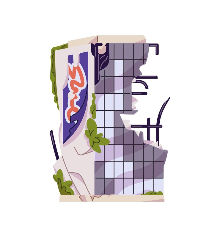 Vector destroyed skyscraper with collapse of walls after natural disaster apocalypse dilapidated highrise house old broken building city ruins flat isolated vector illustration on white background
