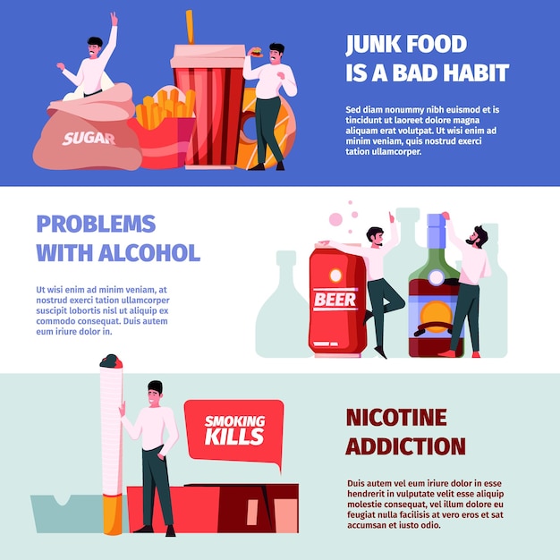 Destruction habits Adults persons with bad addictions overeating alcoholism drugs gambling garish vector horizontal banners Illustration of unhealthy alcohol and habit toxic