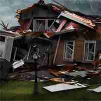 Vector destructive tornado destroys house trees will break bad weather and sign distress and warning storm