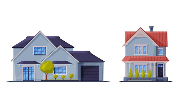 detached house or cottage facade and exterior as suburban residential property vector set