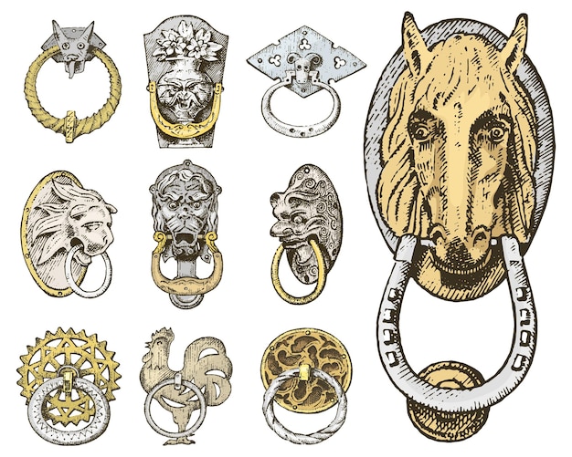 Vector detail ancient building architectural ornamental elements wooden door knob knocker or handles lion and horse engraved hand drawn in old sketch vintage and antique baroque or gothic style