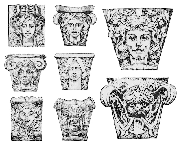 Detail ancient classic building architectural ornamental elements showing tuscan doric ionic and roman column engraved hand drawn in old sketch vintage and antique baroque or gothic style