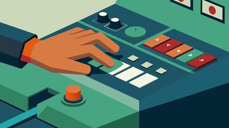 Vector detail shot of a hand adjusting a control panel on a piece of industrial machinery highlighting the