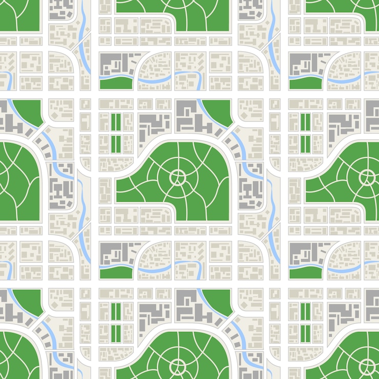 Vector 川と公園、シームレスなパターンが付いている都市の詳細な抽象的な地図