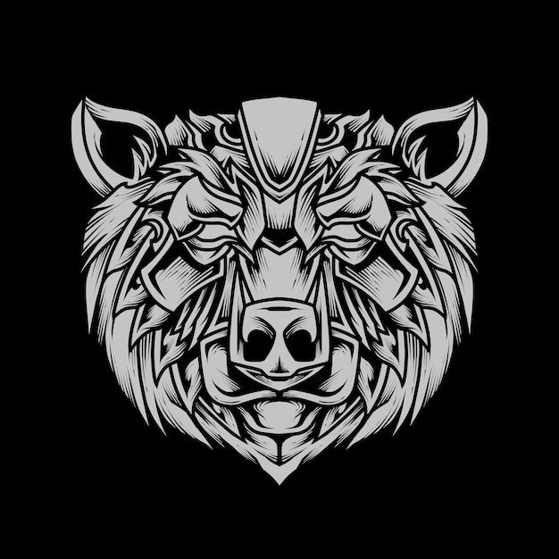 Detailed Bear Head Line art Illustration