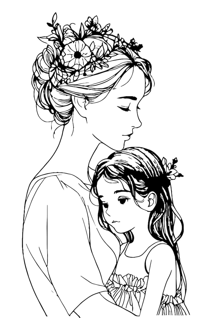 Vector detailed black and white sketch woman and girl wearing a headband with flowers long dark hair