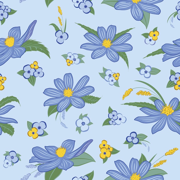 Detailed blue flower bouquets vector seamless pattern. Great for textile, packaging, scrapbook