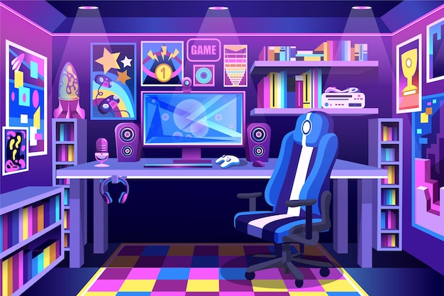 Vector detailed colorful gamer room