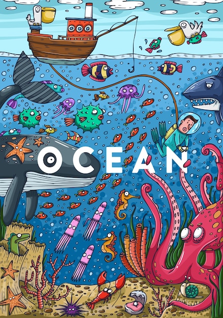 Detailed colorful illustration. Under water sea life. Vector Illustration